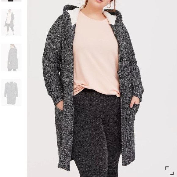 Torrid Cardigan Dark Grey Marled Longline Faux Sherpa Hood Toggle Pockets 2 - Picture 7 of 10
